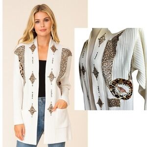 Vintage Focus USA Leopard Applique‎ Cardigan OS Open Front Statement Maximalism